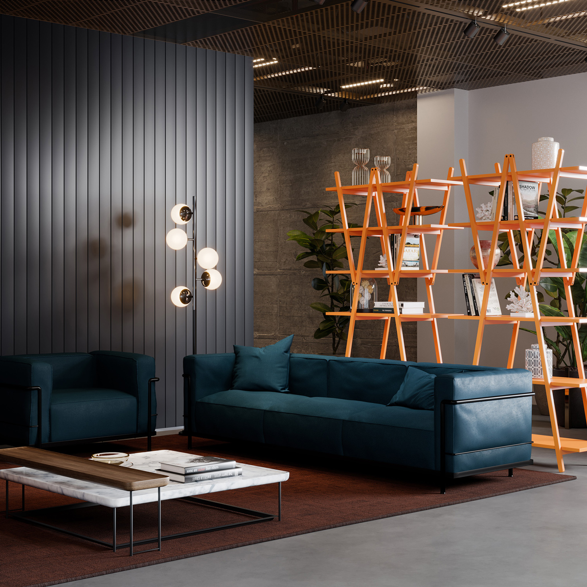 about Blue couch in front of an accent wall and wooden accent shelves