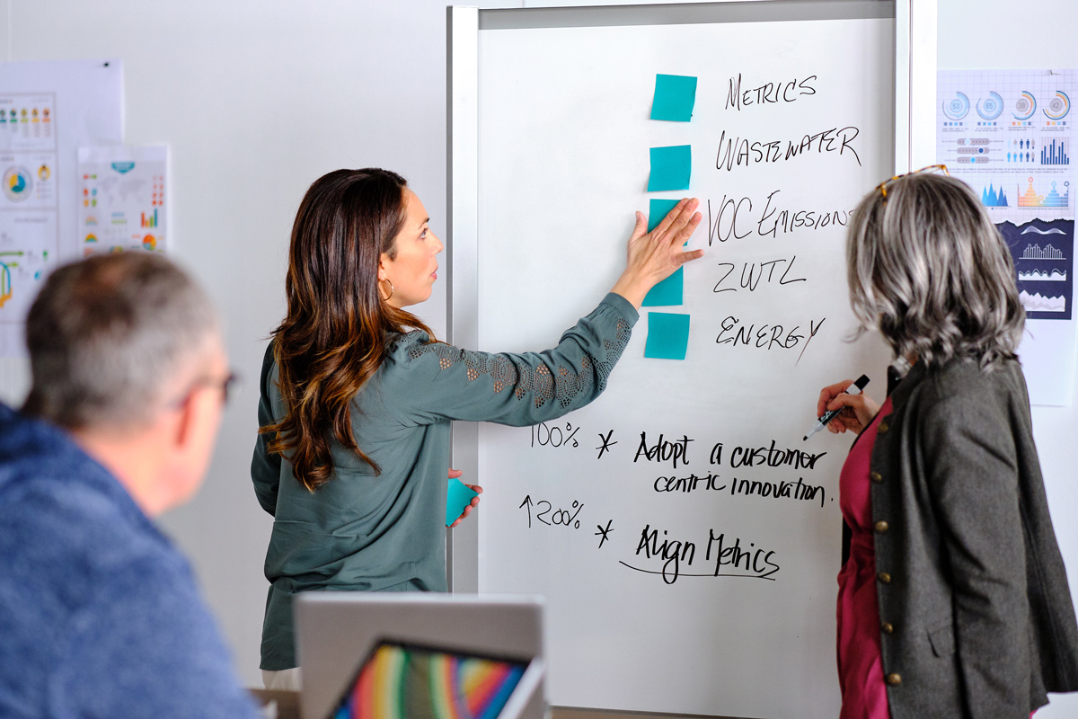 environments-and-wellbeing Two women using and writing on a whiteboard