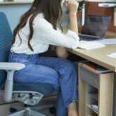 Zody task chair with digital knit back. Shown with Be_Hold storage.
